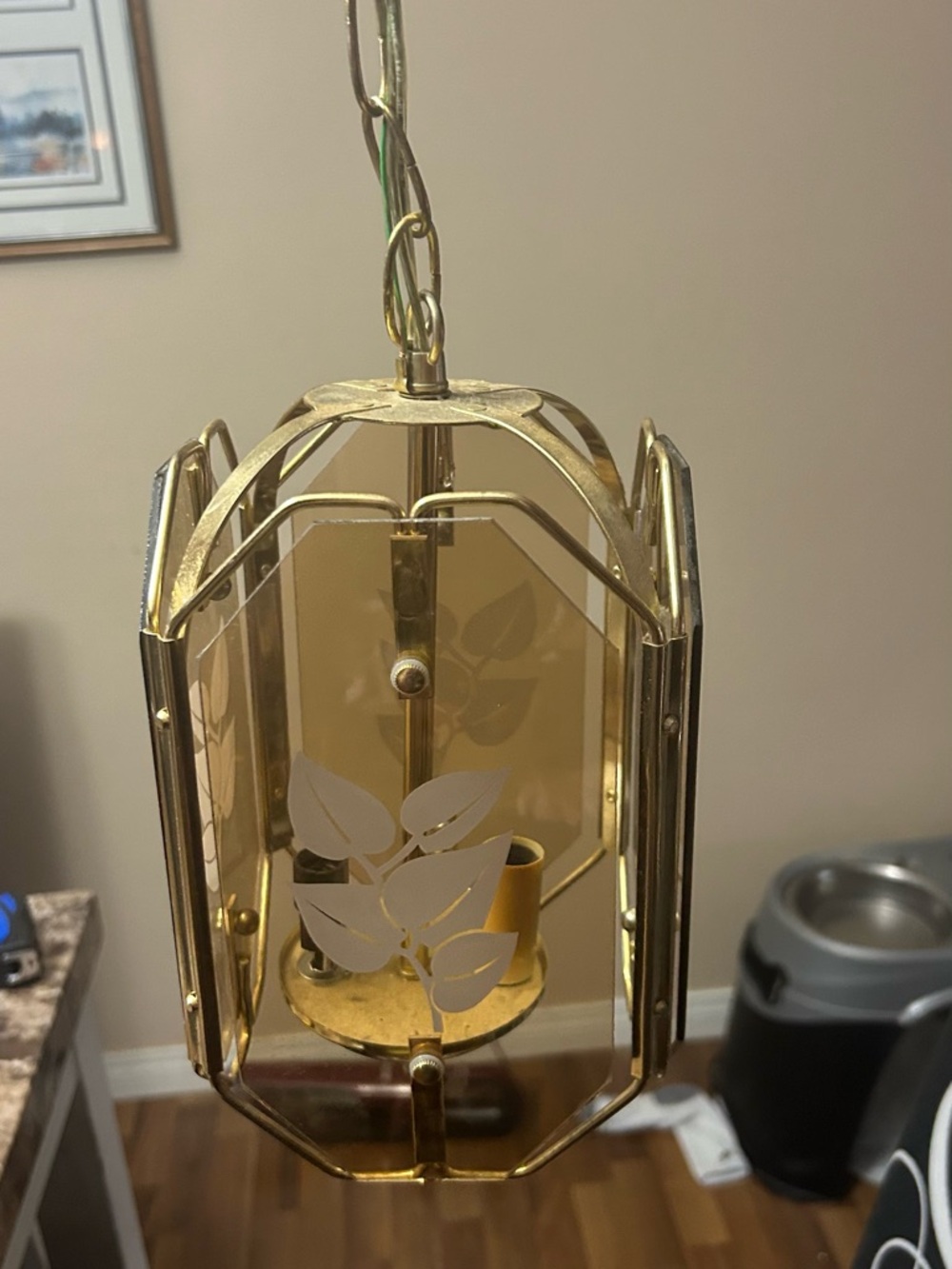 Brass Leaf Pendant Lantern - Gold Hanging Accent with etched lead design